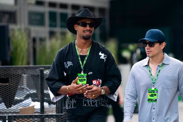 German track and field athlete Leo Neugebauer is seen in the paddock during the Formula One United States Grand Prix at the Circuit of the Americas in Austin, Texas on Saturday, October 18, 2025.  AUS2025101805 GREGxNASH
