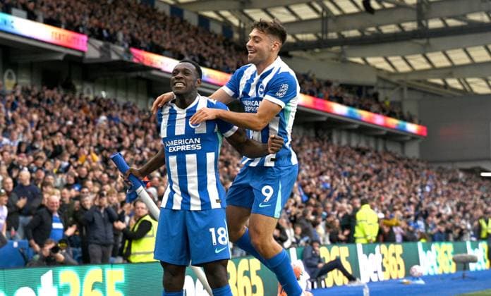 Danny Welbeck of Brighton celebrates with Stefanos Tzimas after scoring his second goal during the Premier League match between Brighton and Hove Albion and Newcastle United at the American Express Stadium , Brighton , UK - 18th October 2025 Brighton & Hove Albion v Newcastle United Premier League Football, Amex Stadium, Sussex, United Kingdom - 18 Oct 2025Brighton Amex Stadium Sussex United Kingdom Editorial use only. No merchandising. For Football images FA and Premier League restrictions apply inc. no internet mobile usage without FAPL license - for details contact Football Dataco  Copyright: xSimonxDack Shutterstockx 15547704x