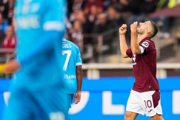 TorinoÕs Nikola Vlasic reacts during the Serie A soccer match between Torino Fc and Napoli at the Stadio Olimpico Grande Torino in Turin, north west Italy - October 18, 2025. - Soccer  Copyright: xFabioxFerrari LaPressex