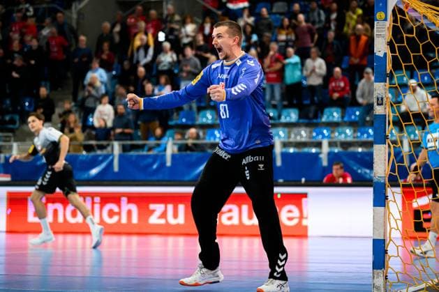 Bietigheim HBL 25 26 SG BBM Bietigheim TUSEM Essen Torhueter Dominik Plaue Tusem Essen Jubel Freude Emotion Bietigheim Bissingen Egetrans Arena Baden Württemberg Germany