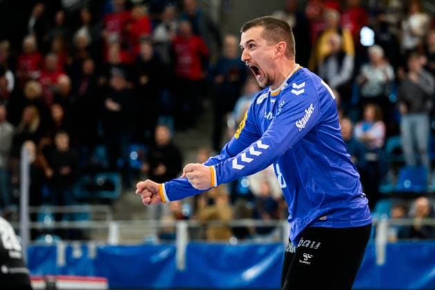Bietigheim HBL 25 26 SG BBM Bietigheim TUSEM Essen Torhueter Dominik Plaue Tusem Essen Jubel Freude Emotion Bietigheim Bissingen Egetrans Arena Baden Württemberg Germany