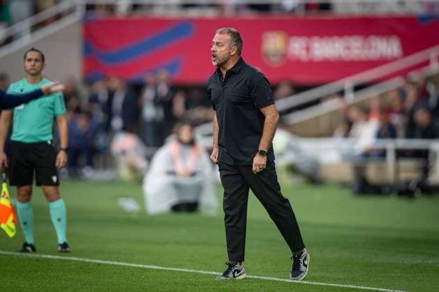 Head Coach Hansi Flick FC Barcelona look dejected during a La Liga EA Sports match between FC Barcelona and Girona FC at Estadi Olimpic Lluis Companys in Barcelona, , Spain, on October 18 2025 Photo by Felipe Mondino Copyright: x@FELIPExMONDINOx