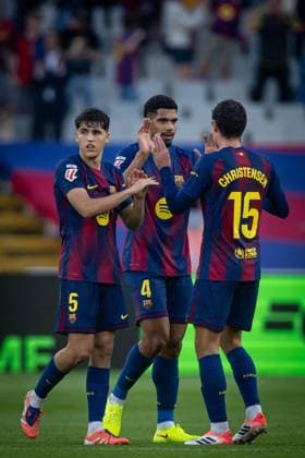 Pau Cubarsi FC Barcelona , Ronald Araujo FC Barcelona and Andreas Christensen FC Barcelona are celebrate during a La Liga EA Sports match between FC Barcelona and Girona FC at Estadi Olimpic Lluis Companys in Barcelona, , Spain, on October 18 2025 Photo by Felipe Mondino Copyright: x@FELIPExMONDINOx