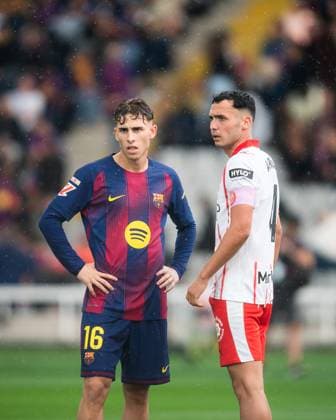Spanish LaLiga EA Sports FC Barcelona, Barca v Girona FC in Barcelona, Spain. FC Barcelona player (16) Fermin Lopez and (04) Arnau Martinez during LaLiga EA Sports match between FC Barcelona and Girona FC in Estadi Olimpic Lluis Companys, Barcelona, Spain, on October 18, 2025. Barcelona Estadi Olimpic Lluis Companys Barcelona Spain