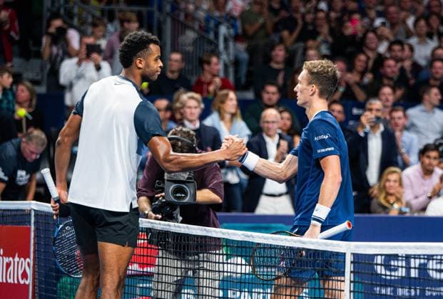 French Giovanni Mpetshi Perricard and Czech Jiri Lehecka pictured during the European Open ATP, Tennis Herren tennis tournament in Brussels, on Saturday 18 October 2025. This year s edition of the tournament is taking place from 12 to 19 October 2025. EMILExWINDAL  x137182552x
