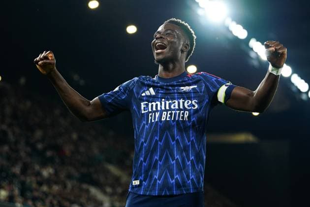 Premier League Fulham v Arsenal Bukayo Saka of Arsenal celebrates 0-1 lead during the Premier League match Fulham vs Arsenal at Craven Cottage, London, United Kingdom, 18th October 2025 (Photo by Harvey Murphy News Images) Copyright: xHarveyxMurphy NewsxImagesx