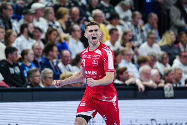 Goal celebration Florian Drosten MT Melsungen, 18 GER, THW Kiel vs MT Melsungen, Handball, 1 Bundesliga, Matchday 09, Season 2025 2026, 18 10 2025 GER, THW Kiel vs MT Melsungen, Handball, 1 Bundesliga, Matchday 09, Season 2025 2026, 18 10 2025 Kiel Copyright: xEibner-Pressefoto MarcelxvonxFehrnx EP_MFN