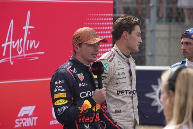 FORMULA 1 MSC CRUISES UNITED STATES GRAND PRIX 2025 18 10 2025, Circuit of The Americas, Austin, FORMULA 1 MSC CRUISES UNITED STATES GRAND PRIX 2025 , in the picture winner of the sprint race Max Verstappen NLD , Oracle Red Bull Racing, 2nd place for George Russell GBR , Mercedes AMG Petronas Formula One Team, 3rd place for Carlos Sainz Jr ESP , Atlassian Williams Racing nordphotoxGmbHx xBratic nph00250