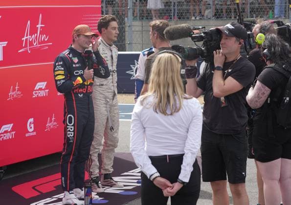 FORMULA 1 MSC CRUISES UNITED STATES GRAND PRIX 2025 18 10 2025, Circuit of The Americas, Austin, FORMULA 1 MSC CRUISES UNITED STATES GRAND PRIX 2025 , in the picture winner of the sprint race Max Verstappen NLD , Oracle Red Bull Racing, 2nd place for George Russell GBR , Mercedes AMG Petronas Formula One Team, 3rd place for Carlos Sainz Jr ESP , Atlassian Williams Racing nordphotoxGmbHx xBratic nph00250
