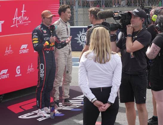 FORMULA 1 MSC CRUISES UNITED STATES GRAND PRIX 2025 18 10 2025, Circuit of The Americas, Austin, FORMULA 1 MSC CRUISES UNITED STATES GRAND PRIX 2025 , in the picture winner of the sprint race Max Verstappen NLD , Oracle Red Bull Racing, 2nd place for George Russell GBR , Mercedes AMG Petronas Formula One Team, 3rd place for Carlos Sainz Jr ESP , Atlassian Williams Racing nordphotoxGmbHx xBratic nph00250