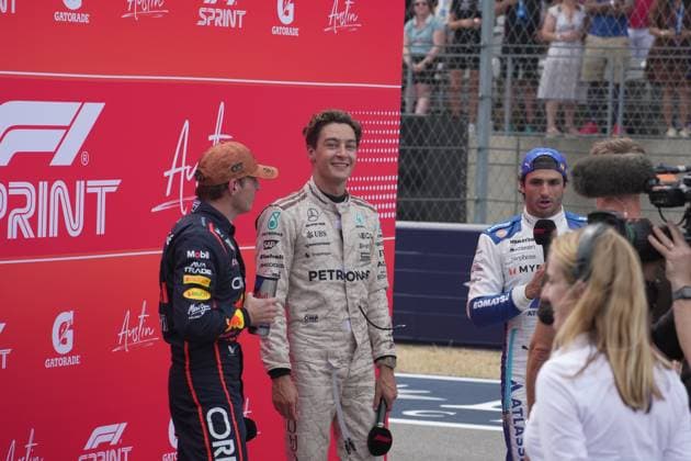 FORMULA 1 MSC CRUISES UNITED STATES GRAND PRIX 2025 18 10 2025, Circuit of The Americas, Austin, FORMULA 1 MSC CRUISES UNITED STATES GRAND PRIX 2025 , in the picture winner of the sprint race Max Verstappen NLD , Oracle Red Bull Racing, 2nd place for George Russell GBR , Mercedes AMG Petronas Formula One Team, 3rd place for Carlos Sainz Jr ESP , Atlassian Williams Racing nordphotoxGmbHx xBratic nph00250