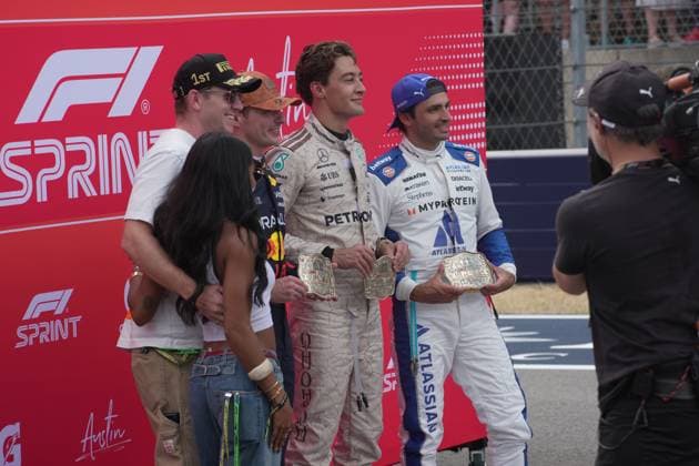 FORMULA 1 MSC CRUISES UNITED STATES GRAND PRIX 2025 18 10 2025, Circuit of The Americas, Austin, FORMULA 1 MSC CRUISES UNITED STATES GRAND PRIX 2025 , in the picture winner of the sprint race Max Verstappen NLD , Oracle Red Bull Racing, 2nd place for George Russell GBR , Mercedes AMG Petronas Formula One Team, 3rd place for Carlos Sainz Jr ESP , Atlassian Williams Racing nordphotoxGmbHx xBratic nph00250