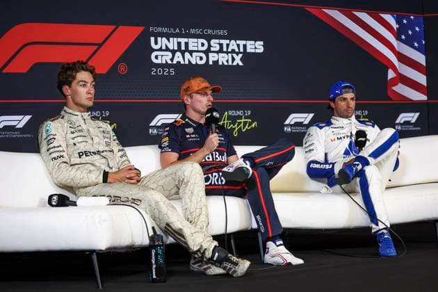 F1 - UNITED STATES GRAND PRIX 2025 RUSSELL George (gbr), Mercedes AMG F1 Team W16, VERSTAPPEN Max (ned), Red Bull Racing RB21, SAINZ Carlos (spa), Williams Racing FW47, portrait, press conference, PK, Pressekonferenz during the 2025 Formula 1 United States Grand Prix, 19th round of the 2025 FIA Formula One World Championship, WM, Weltmeisterschaft from October 17 to 19, 2025 on the Circuit of the Americas, in Austin, Texas, United States of America - AustinUnited States Copyright: xEricxAlonsox
