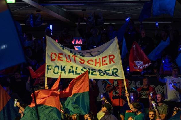 GER, Basketball Bundesliga Pokal, Round of 16, Syntainics MBC BMA365 Bamberg Baskets 18 10 2025, Stadthalle, Weißenfels, GER, Basketball Bundesliga Pokal, Round of 16, Syntainics MBC BMA365 Bamberg Baskets Fanbanner of the Syntainics MBC Â Photo Alexander Trienitz Weißenfels Stadthalle Sachsen Anhalt Germany