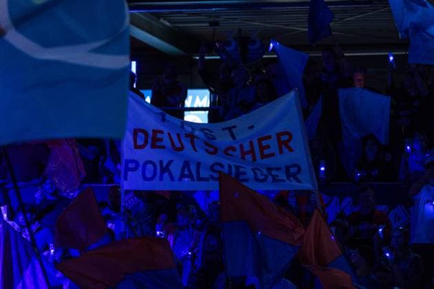 GER, Basketball Bundesliga Pokal, Round of 16, Syntainics MBC BMA365 Bamberg Baskets 18 10 2025, Stadthalle, Weißenfels, GER, Basketball Bundesliga Pokal, Round of 16, Syntainics MBC BMA365 Bamberg Baskets Fanbanner of the Syntainics MBC Â Photo Alexander Trienitz Weißenfels Stadthalle Sachsen Anhalt Germany