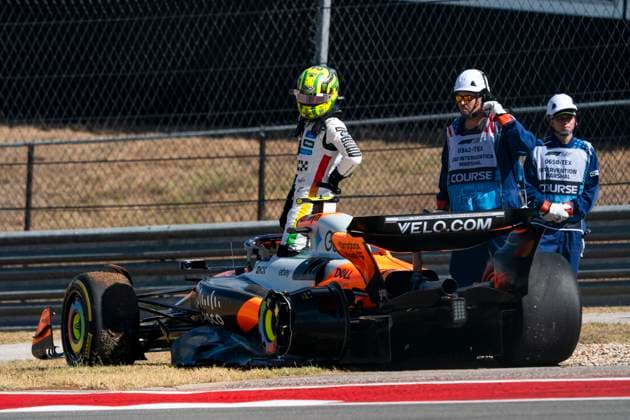 British Formula One driver Lando Norris of McLaren F1 Team is seen after being taken out of the sprint race at the Formula One United States Grand Prix at the Circuit of the Americas in Austin, Texas on Saturday, October 18, 2025.  AUS2025101818 GREGxNASH