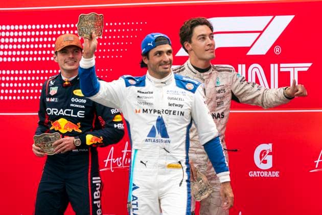 Dutch Formula One driver Max Verstappen of Red Bull Racing, British Formula One driver George Russell of Mercedes-AMG Petronas and Spanish Formula One driver Carlos Sainz Jr. of Williams Racing are seen following the sprint race at the Formula One United States Grand Prix at the Circuit of the Americas in Austin, Texas on Saturday, October 18, 2025.  AUS2025101827 GREGxNASH