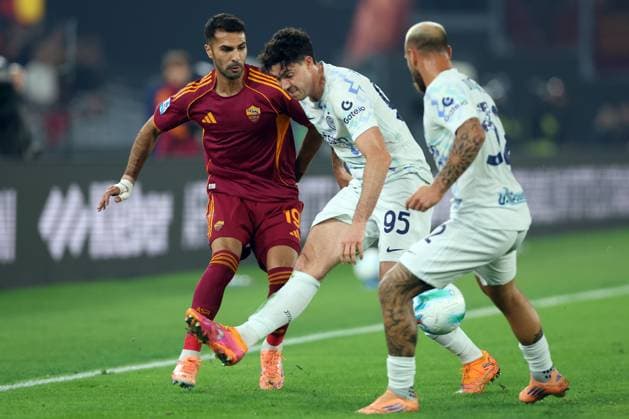 Football: Serie A Enilive 2025-2026 match SS AS Roma and FC Internazionale Rome, Italy October 18, 2025: Zeki Celik of Roma, Alessandro Bastoni of F.C. Inter seen in action during the Serie A Enilive 2025-2026 football match between AS Roma and F.C. Internazionale of Milan at Olympic Stadium. rome olympic stadium italy italy Copyright: xmarcoxiacobucci