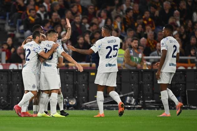 Ange-Yoan Bonny of F.C. Inter celebrates after scoring the goal of 0-1 during the 7th day of the Serie A Championship between A.S. Roma and F.C. Inter at the Olympic Stadium on October 18, 2025 in Rome, Italy.  Copyright: xDomenicoxCippitelli IPAxSportx xipa-agency.netx xx IPA_66757066 IPA_Agency_IPA66757066