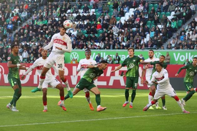 VfL vs Stuttgart, 1 BL Wolfsburg, 18 10 2025, FOOTBALL VfL Wolfsburg vs VfB Stuttgart, 1 BL, Season 2025 26 Chema VfB Stuttgart , Konstantinos Koulierakis VfL Wolfsburg , Mattias Svanberg VfL Wolfsburg Wolfsburg
