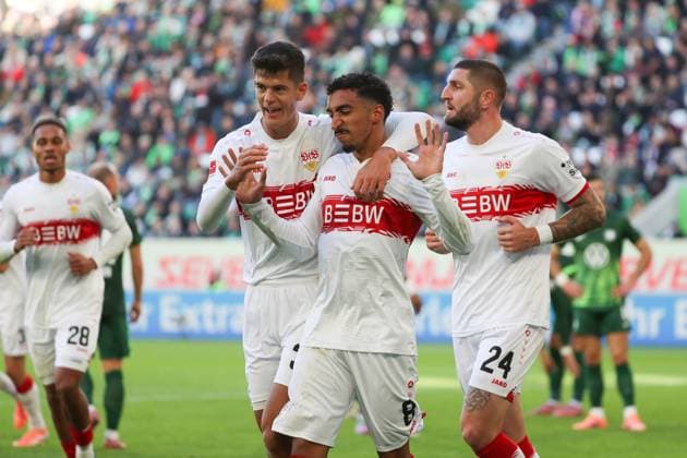 VfL vs Stuttgart, 1 BL Wolfsburg, 18 10 2025, FOOTBALL VfL Wolfsburg vs VfB Stuttgart, 1 BL, Season 2025 26 Tiago Tamas VfB Stuttgart cheers cautiously after his goal to make it 0 1 Wolfsburg