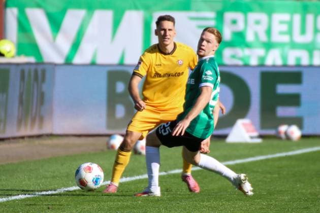 18 10 2025, xgrfx, Soccer 2 Bundesliga, Preußen Münster Dynamo Dresden v l Konrad Faber Dynamo Dresden , Luca Bolay Preußen Münster DFL DFB REGULATIONS PROHIBIT ANY USE OF PHOTOGRAPHS as IMAGE SEQUENCES and or QUASI VIDEO Münster