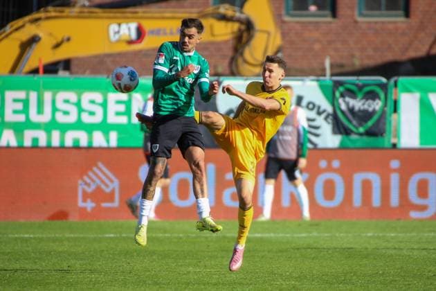 18 10 2025, xgrfx, Soccer 2 Bundesliga, Preußen Münster Dynamo Dresden v l Batuhan Sertdemir Preußen Münster , Konrad Faber Dynamo Dresden DFL DFB REGULATIONS PROHIBIT ANY USE OF PHOTOGRAPHS as IMAGE SEQUENCES and or QUASI VIDEO Münster