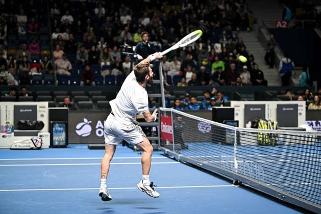 (251019) -- ALMATY, Oct. 19, 2025 -- Corentin Moutet of France hits a return during the men s singles semifinal match against Alex Michelsen of the United States at the ATP, Tennis Herren 250 Almaty Tennis Open in Almaty, Kazakhstan, on Oct. 18, 2025. ) (SP)KAZAKHSTAN-ALMATY-TENNIS-ALMATY OPEN-SEMIFINAL LixRenzi 