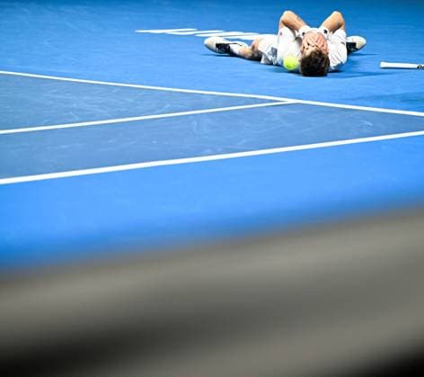 (251019) -- ALMATY, Oct. 19, 2025 -- Corentin Moutet of France celebrates after winning the men s singles semifinal match against Alex Michelsen of the United States at the ATP, Tennis Herren 250 Almaty Tennis Open in Almaty, Kazakhstan, on Oct. 18, 2025. ) (SP)KAZAKHSTAN-ALMATY-TENNIS-ALMATY OPEN-SEMIFINAL LixRenzi 