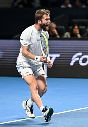 (251019) -- ALMATY, Oct. 19, 2025 -- Corentin Moutet of France celebrates scoring during the men s singles semifinal match against Alex Michelsen of the United States at the ATP, Tennis Herren 250 Almaty Tennis Open in Almaty, Kazakhstan, on Oct. 18, 2025. ) (SP)KAZAKHSTAN-ALMATY-TENNIS-ALMATY OPEN-SEMIFINAL LixRenzi 