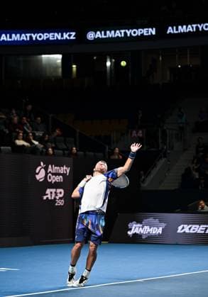 (251019) -- ALMATY, Oct. 19, 2025 -- James Duckworth of Australia serves during the men s singles semifinal match against Daniil Medvedev of Russia at the ATP250 Almaty Tennis Open in Almaty, Kazakhstan, on Oct. 18, 2025. ) (SP)KAZAKHSTAN-ALMATY-TENNIS-ALMATY OPEN-SEMIFINAL LixRenzi 