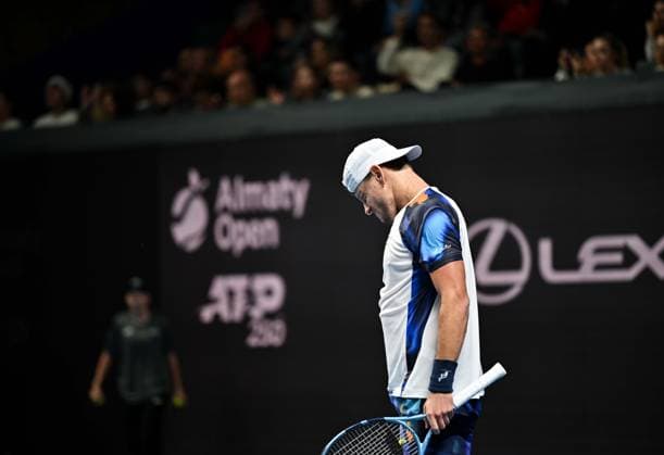 (251019) -- ALMATY, Oct. 19, 2025 -- James Duckworth of Australia reacts during the men s singles semifinal match against Daniil Medvedev of Russia at the ATP250 Almaty Tennis Open in Almaty, Kazakhstan, on Oct. 18, 2025. ) (SP)KAZAKHSTAN-ALMATY-TENNIS-ALMATY OPEN-SEMIFINAL LixRenzi 