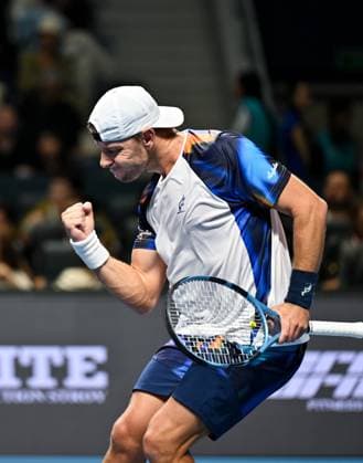 (251019) -- ALMATY, Oct. 19, 2025 -- James Duckworth of Australia celebrates scoring during the men s singles semifinal match against Daniil Medvedev of Russia at the ATP250 Almaty Tennis Open in Almaty, Kazakhstan, on Oct. 18, 2025. ) (SP)KAZAKHSTAN-ALMATY-TENNIS-ALMATY OPEN-SEMIFINAL LixRenzi 