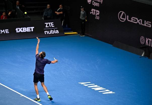(251019) -- ALMATY, Oct. 19, 2025 -- Daniil Medvedev of Russia serves during the men s singles semifinal match against James Duckworth of Australia at the ATP250 Almaty Tennis Open in Almaty, Kazakhstan, on Oct. 18, 2025. ) (SP)KAZAKHSTAN-ALMATY-TENNIS-ALMATY OPEN-SEMIFINAL LixRenzi 