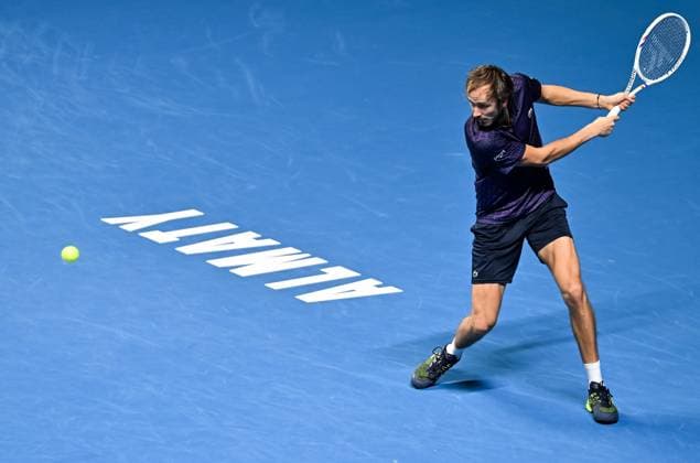 (251019) -- ALMATY, Oct. 19, 2025 -- Daniil Medvedev of Russia hits a return during the men s singles semifinal match against James Duckworth of Australia at the ATP250 Almaty Tennis Open in Almaty, Kazakhstan, on Oct. 18, 2025. ) (SP)KAZAKHSTAN-ALMATY-TENNIS-ALMATY OPEN-SEMIFINAL LixRenzi 