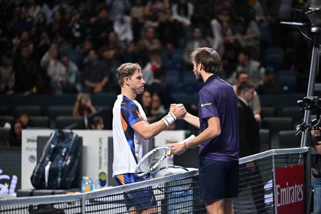 (251019) -- ALMATY, Oct. 19, 2025 -- Daniil Medvedev (R) of Russia shakes hands with James Duckworth of Australia after their men s singles semifinal match at the ATP, Tennis Herren 250 Almaty Tennis Open in Almaty, Kazakhstan, on Oct. 18, 2025. ) (SP)KAZAKHSTAN-ALMATY-TENNIS-ALMATY OPEN-SEMIFINAL LixRenzi 