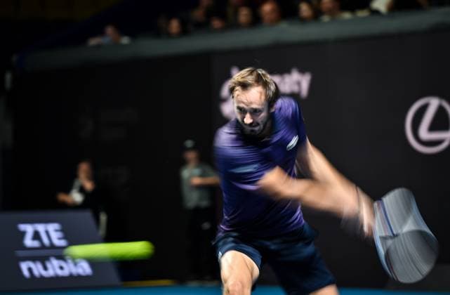 (251019) -- ALMATY, Oct. 19, 2025 -- Daniil Medvedev of Russia hits a return during the men s singles semifinal match against James Duckworth of Australia at the ATP250 Almaty Tennis Open in Almaty, Kazakhstan, on Oct. 18, 2025. ) (SP)KAZAKHSTAN-ALMATY-TENNIS-ALMATY OPEN-SEMIFINAL LixRenzi 