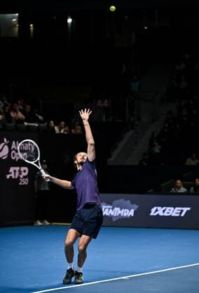 (251019) -- ALMATY, Oct. 19, 2025 -- Daniil Medvedev of Russia serves during the men s singles semifinal match against James Duckworth of Australia at the ATP250 Almaty Tennis Open in Almaty, Kazakhstan, on Oct. 18, 2025. ) (SP)KAZAKHSTAN-ALMATY-TENNIS-ALMATY OPEN-SEMIFINAL LixRenzi 