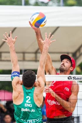 (251019) -- LAGUNA PROVINCE, Oct. 19, 2025 -- Joaquin Bello (Front) of England competes against Alex Ranghieri (Back) of Italy competes during the men s semifinal match between Javier Bello Joaquin Bello of England and Manuel Alfieri Alex Ranghieri of Italy at the Volleyball World Beach Pro Tour in Laguna Province, the Philippines, Oct. 19, 2025. ) (SP)THE PHILIPPINES-LAGUNA PROVINCE-VOLLEYBALL WORLD BEACH PRO TOUR RouellexUmali 