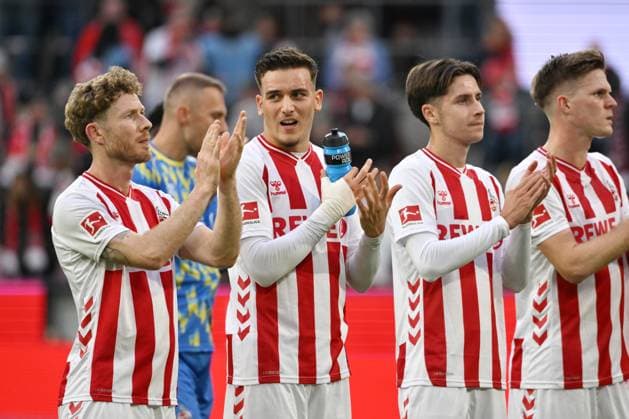 Florian Kainz 1 FC Koeln , Said El Mala 1 FC Koeln , Denis Huseinbasic 1 FC Koeln , Marius Bülter 1 FC Koeln , v li , after the final whistle 18 10 2025, Football 1 Bundesliga, Season 2025 2026, Matchday 7, 1 FC Köln FC Augsburg 1 1 DFL regulations prohibit any use of photographs as image sequences and or quasi video Koeln RheinEnergieStadion Nordrhein Westfalen Germany Team2