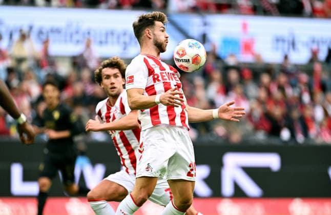Football, Bundesliga, Germany, Men, Season 2025 2026, Matchday 7, Rhein Energie Stadion Köln, 1 FC Köln FC Augsburg 1 1 Jan Thielmann KOE Action, Single image
