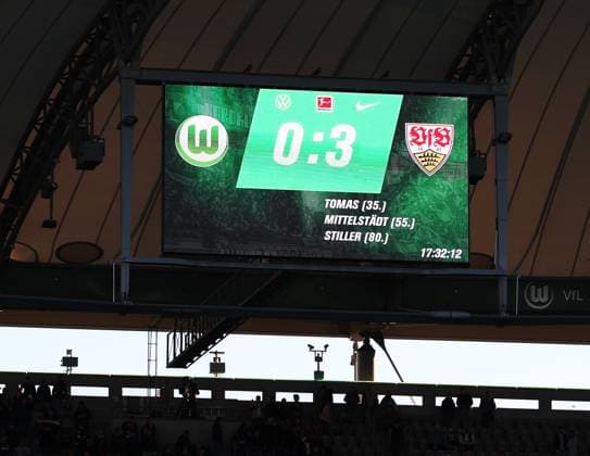 18 10 2025, Germany, Wolfsburg, Soccer Bundesliga, Season 2025 2026, VfL Wolfsburg vs VfB Stuttgart, Scoreboard with the final score 0 3