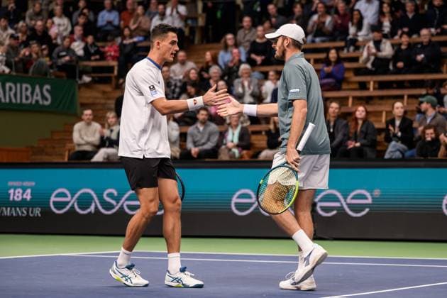 251019 Alexander Erler of Austria and Robert Galloway of USA compete in the men s doubles final on day 9 of the ATP 250 Nordic Open on October 19, 2025 in Stockholm Photo Jesper Zerman BILDBYRAN kod JZ JZ0631 tennis nordic open nordic open 2025 bbeng final dubbel jubel  Copyright: JESPERxZERMAN BB251019JZ016