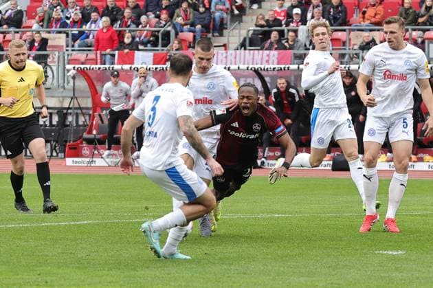 19 10 2025 Soccer Season 2025 2026 2 Soccer Bundesliga 09 Matchday 1 FC Nürnberg FCN Club KSV Holstein Kiel Störche Sportfoto Zink DaMa xdaxmax DFL regulations prohibit any use of photographs as image sequences and or quasi video only for editorial use Marco Komenda 3, Holstein Kiel David Zec 26, Holstein Kiel Mohamed Ali Zoma 23, 1 FC Nürnberg FCN