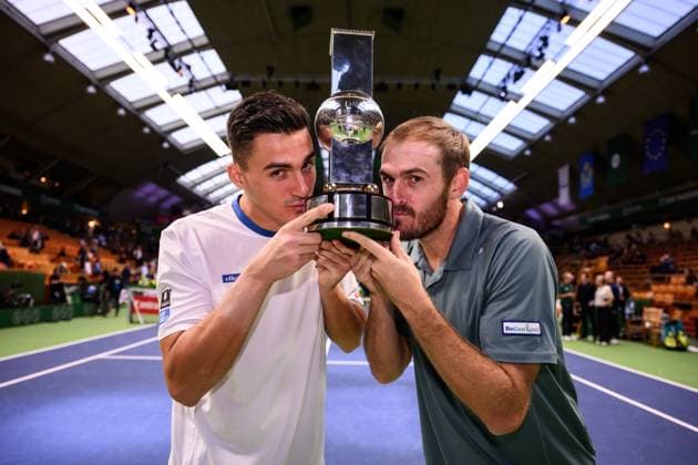 251019 Alexander Erler of Austria and Robert Galloway of USA celebrate with the trophy after winning the men s doubles final on day 9 of the ATP 250 Nordic Open on October 19, 2025 in Stockholm Photo Jesper Zerman BILDBYRAN kod JZ JZ0631 tennis nordic open nordic open 2025 bbeng final dubbel jubel  Copyright: JESPERxZERMAN BB251019JZ024