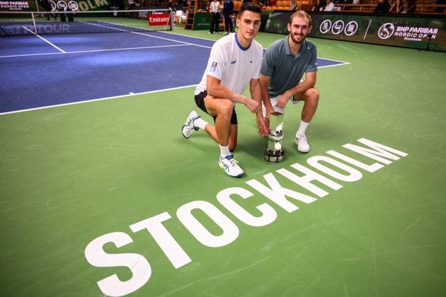 251019 Alexander Erler of Austria and Robert Galloway of USA celebrate with the trophy after winning the men s doubles final on day 9 of the ATP 250 Nordic Open on October 19, 2025 in Stockholm Photo Jesper Zerman BILDBYRAN kod JZ JZ0631 tennis nordic open nordic open 2025 bbeng final dubbel jubel  Copyright: JESPERxZERMAN BB251019JZ026