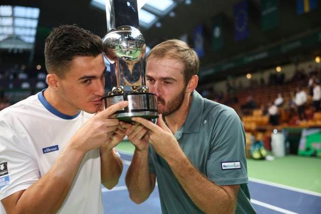 Austria s Alexander Erler and USA s Robert Galloway win the doubles final during the BNP Paribas Nordic Open tennis tournament at the Royal Swedish Tennis Hall in Stockholm, Sweden, Saturday, Oct 19, 2025 STOCKHOLM SWEDEN x62260x  Copyright: xNilsxPetterxNilsson TTx TENNIS NORDIC OPEN