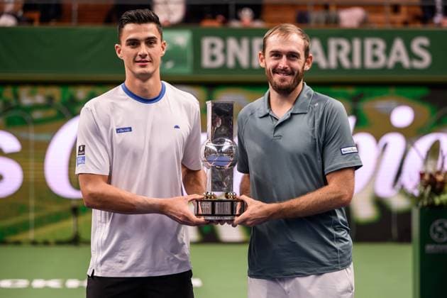 251019 Alexander Erler of Austria and Robert Galloway of USA pose with Sven Davidson Trophy after winning the men s doubles final on day 9 of the ATP 250 Nordic Open on October 19, 2025 in Stockholm Photo Jesper Zerman BILDBYRAN kod JZ JZ0631 tennis nordic open nordic open 2025 bbeng final dubbel jubel  Copyright: JESPERxZERMAN BB251019JZ031