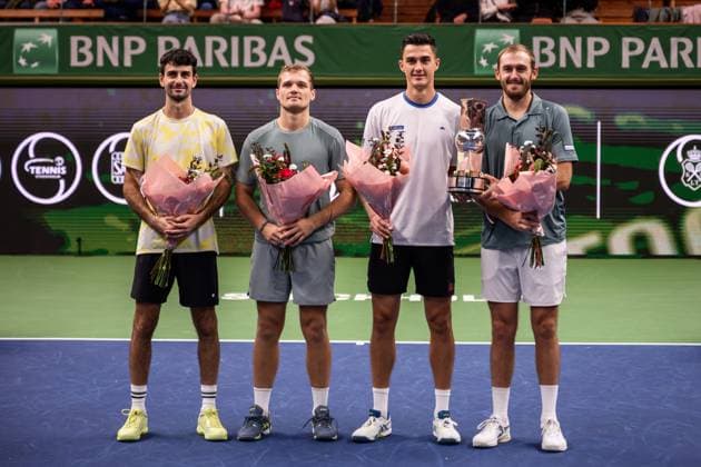 251019 Vasil Kirkov of USA, Bart Stevens of Netherlands, Alexander Erler of Austria and Robert Galloway of USA after the men s doubles final on day 9 of the ATP 250 Nordic Open on October 19, 2025 in Stockholm Photo Jesper Zerman BILDBYRAN kod JZ JZ0631 tennis nordic open nordic open 2025 bbeng final dubbel  Copyright: JESPERxZERMAN BB251019JZ033