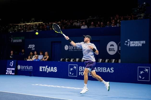 US Christian Harrison pictured in action during the European Open ATP, Tennis Herren tennis tournament in Brussels, on Sunday 19 October 2025. This year s edition of the tournament is taking place from 12 to 19 October 2025. JASPERxJACOBS  x137284145x